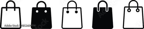 Shopping Bag Icon Set for Retail and Purchase Symbolizing Commerce and Marketing Perfect for E-commerce Websites and Storefronts with Black and White Vector Art