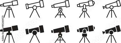 Telescope icons in various solid and outline styles for astronomy space exploration and scientific observation on transparent background