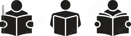 Three black silhouette icons of people reading books, representing education, learning, and student activities with a focus on literacy and knowledge acquisition
