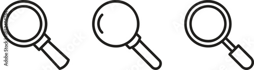 Three magnifying glass icons in outline style, depicting search, zoom, and focus concepts for web, app, and scientific investigation designs