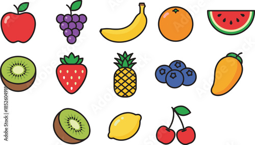 Colorful fruit icons set, apple banana orange watermelon strawberry kiwi pineapple berries mango lemon, flat vector illustration