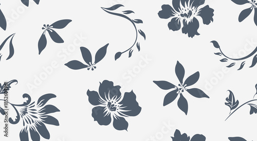 Silhouette folk floral seamless pattern graphic botanical motifs. Decorative flower surface design.