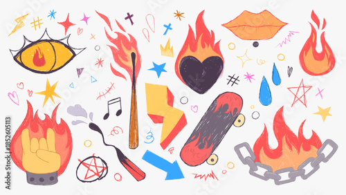 Doodle fire icons set isolated on white background. Vector cartoon illustration of heart, chain, match with burning flame, human eye, lips, skateboard, cool tattoo sketches, hand drawn scribbles
