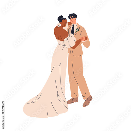 Wedding couple dancing. Bride and groom in love on marriage ceremony. Black woman in elegant dress, gown and man in suit, tie. Romantic newlyweds. Flat vector illustration isolated on white background