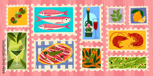 Color stamps with traditional Italian food. Vector cartoon illustration of Amalfi coast vacation symbols, sardines, shrimps, pizza, olives, lemon, wine bottle, cocktail glass, summer travel collage