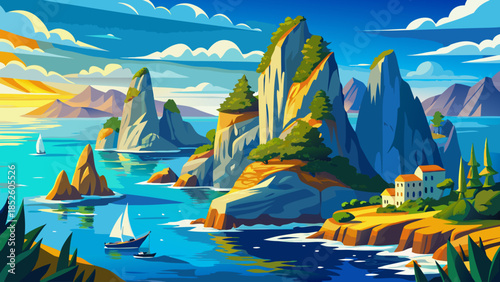 Very beautiful coastal view of Capri’s iconic Faraglioni rock formations rising from the blue sea, surrounded by dramatic cliffs and bright Mediterranean sunlight near the Italian island.