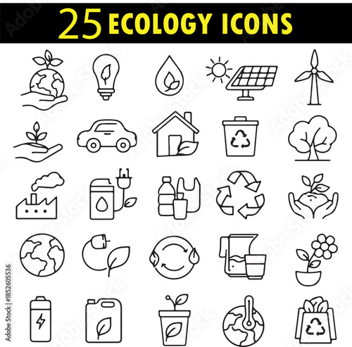 Modern Ecology Outline Icon Set Featuring Environmental Protection, Sustainable Living and Nature Care Concepts