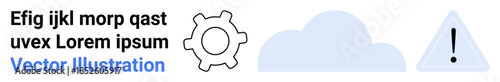 Cloud services, technology, risk management, system infrastructure, technical support, caution. Gear, cloud and warning sign with text. Cloud services and technology concepts
