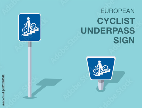 Traffic regulation rules. Isolated european "cyclist underpass" road sign. Front and top view. Flat vector illustration template.