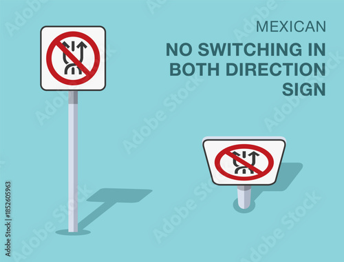 Traffic regulation rules. Isolated mexican "no switching in both direction" road sign. Front and top view. Flat vector illustration template.