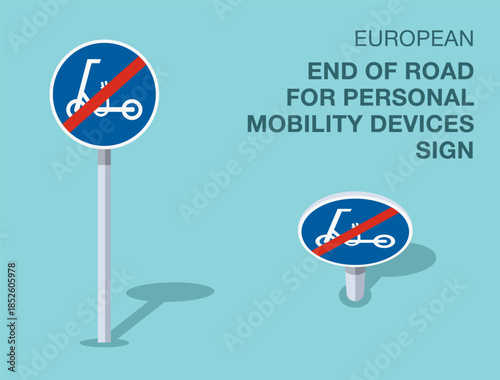 Traffic regulation rules. Isolated european "end of road for personal mobility devices" road sign. Front and top view. Flat vector illustration template.