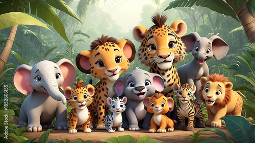 Forest illustration with diverse 3D cartoon wildlife, cheerful and family-friendly style.