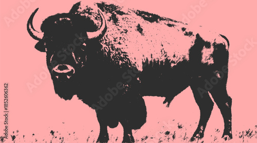 Bison vector illustration in a vintage graphic style. Colorful design featuring a black silhouette on a pink background, emphasizing rural nature.
