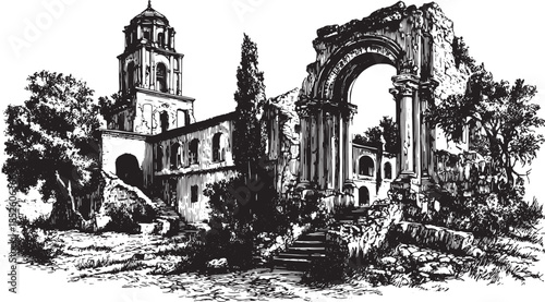 Gothic abbey ruins in a detailed black and white etching. This outdoor landscape set features stone structures, trees, and a historic vector illustration.