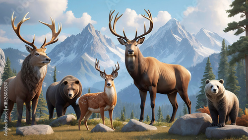 Friendly 3D cartoon forest scene with bear, deer, fox, and raccoon together.