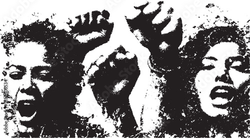 Protest vector illustration featuring raised fists and yelling faces. A graphic black and white depiction of emotion and expression emphasizing activism.
