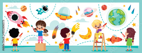 Kids Painting Space Elements On Wall