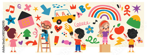 Cartoon Kids Painting On Wall