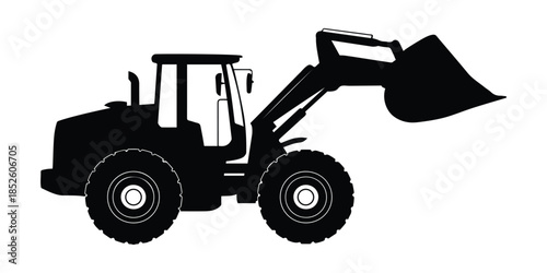 Construction loader vehicle silhouette in black flat style isolated on transparent background.