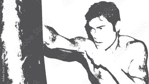 Boxing fighter delivering a punch. Black and white vector illustration showcasing muscle and focus in training. Graphic art conveys strength and intensity.