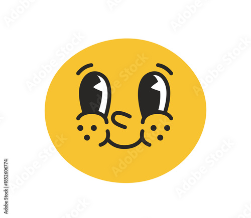 Cute emoji face with happy expression. Round yellow sunny character with smiling eyes looking aside, freckles, funny comic head, cheerful mood. Flat vector illustration isolated on white background