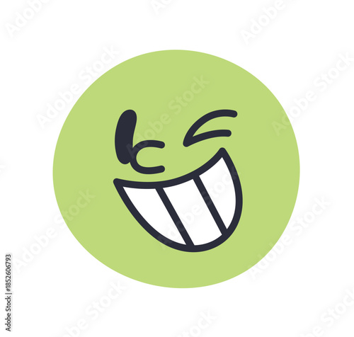 Happy emoji face with joyful expression, smiling with teeth, winking. Round head character with cheerful grin, laughing comic humor emotion. Flat vector illustration isolated on white background