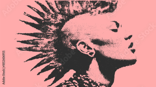 Punk profile illustration with mohawk hairstyle. High-contrast black and white vector art showcases modern edgy youth culture.