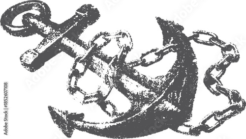 Anchor with chain in vintage style. Black and white vector illustration, showcasing nautical design in an artistic set.