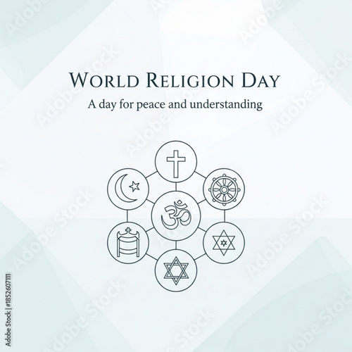 World Religion Day concept symbols of major faiths arranged in a circle representing peace and understanding vector illu