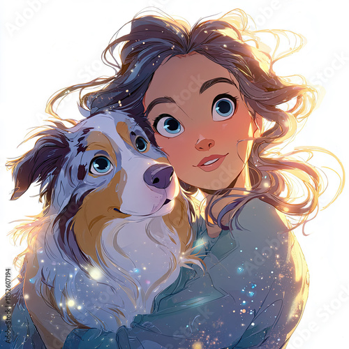 Whimsical young woman embraces her energetic Aussie Shepherd, surrounded by a magical, glowing atmosphere filled with pastel colors