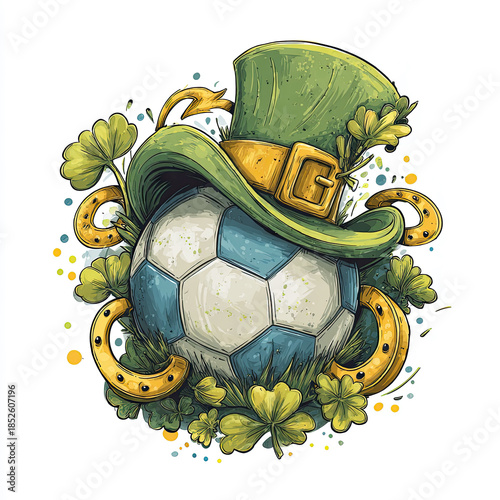Celebrate St. Patrick's Day with a festive soccer ball topped with a leprechaun hat and surrounded by shamrocks and golden horseshoes