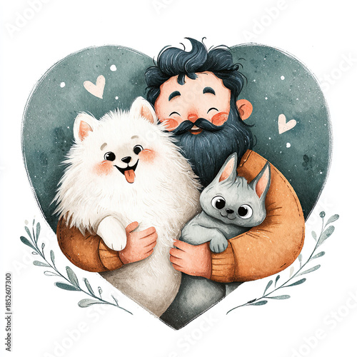 Gentle embrace of a bearded man with a joyful Pomeranian and a playful Sphynx cat in a heartwarming scene