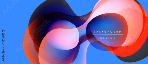 Abstract flowing shapes overlap, creating vibrant color blends. Blue background emphasizes dynamic design elements. Modern aesthetic.