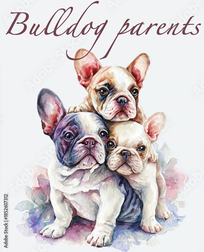 Whimsical stack of three playful French Bulldogs in soft watercolor tones showcasing their unique personalities