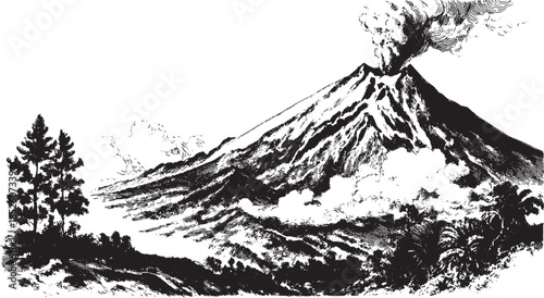 Volcano eruption in a black and white landscape illustration. Features mountains, trees, and smoke emissions in a detailed vector set.