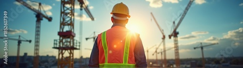 Construction worker in safety vest and hard hat standing in front of cranes banner copy space