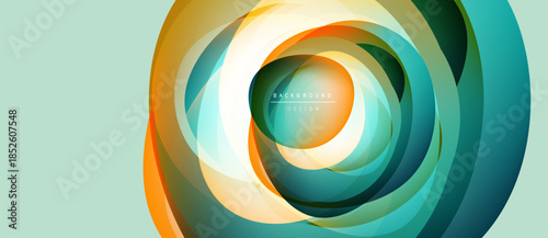 Abstract colorful layers create circular design. Bright hues blend, forming dynamic visual effect. Modern, smooth gradients present elegant composition.