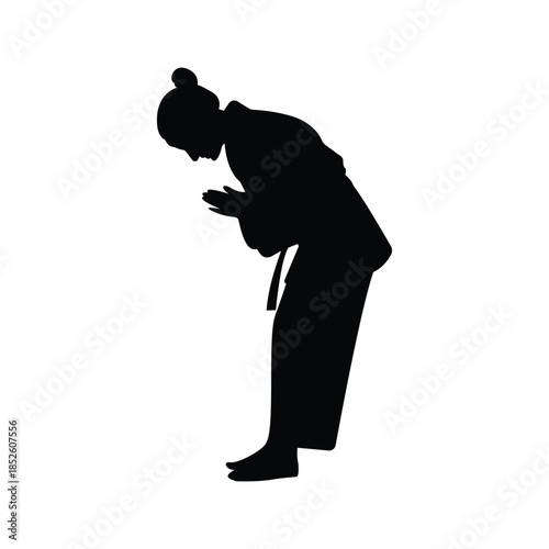 Praying woman silhouette icon in minimal black style. Spiritual female prayer pose isolated on transparent background.