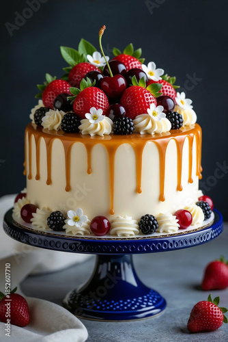 A decadent caramel drip cake topped with strawberries, cherries, blackberries, and white creme swirls, presented on a blue cake stand.
