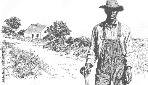 Farmer in the field, wearing a hat, in black-and-white vector illustration. Rural landscape with a house and trees.