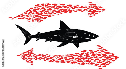 Black shark swimming surrounded by school of red fish in ocean water, predator and prey concept, marine wildlife illustration