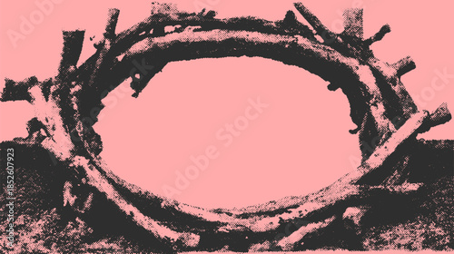 Wooden branches forming a circular frame. Simple illustration set against a pink background, showcasing a distinctive vector design.