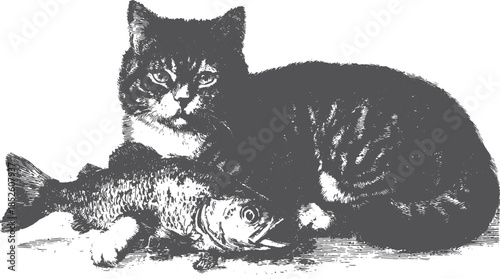 Cat sitting beside a fish in a vintage black and white vector illustration. Detailed graphic showcasing realistic pet features in an artistic set.