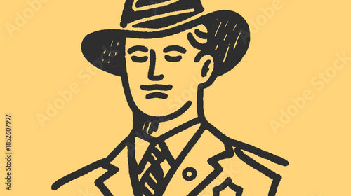 Sheriff character in vintage style. Simple black line vector illustration featuring classic elements like a hat and badge, presented as a set.