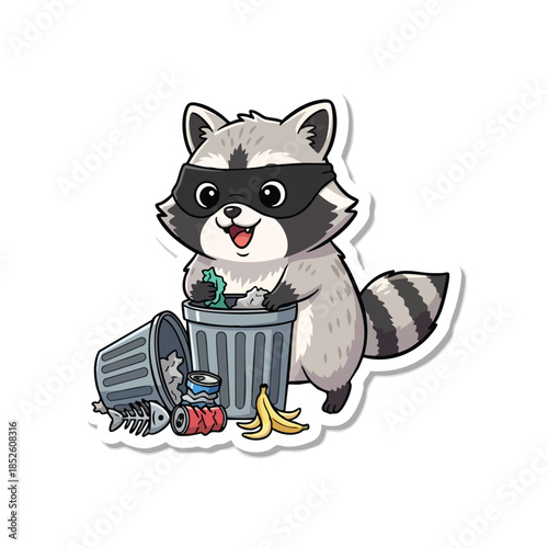 Cartoon Raccoon Wearing Mask Raiding Trash.
