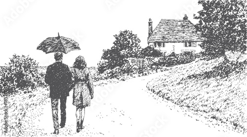 Couple walking under an umbrella in a black and white landscape vector illustration. Vintage depiction of a scenic outdoor path with a house in the background.