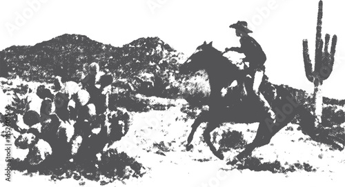 Silhouette of a horse and rider in a western landscape. Black and white vector illustration featuring cacti and mountains, creating a vintage aesthetic.