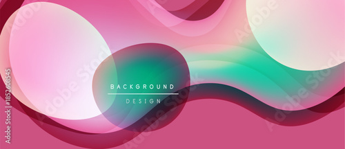 Abstract fluid shapes overlap, creating vibrant pink, teal gradients. Text reads background design within central form. Modern aesthetic.