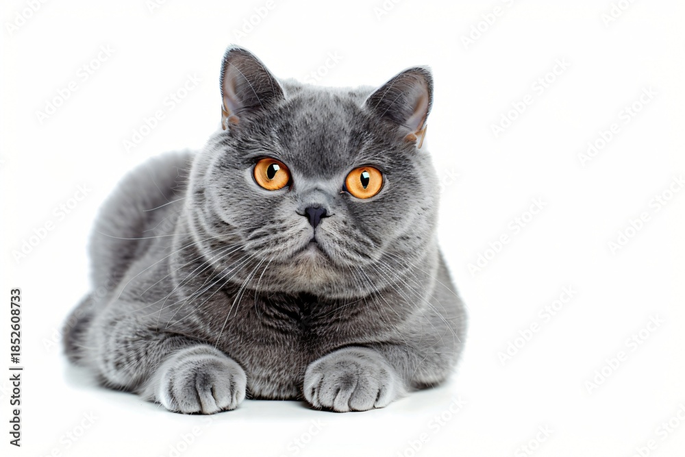 Fototapeta premium Portrait of a chubby grey British Shorthair cat looking at camera on white background.