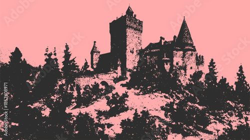 Castle silhouette on a mountain with surrounding trees. Black and pink vector illustration showcasing historical architecture set against a scenic background.